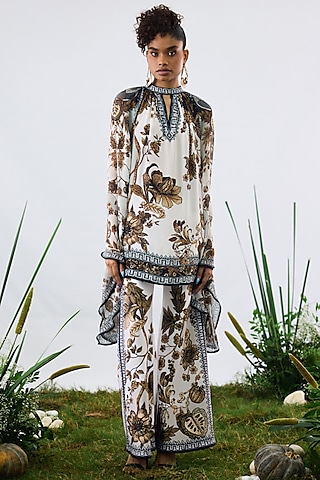 Gold & White Crepe & Chiffon Printed Tunic by Rajdeep Ranawat