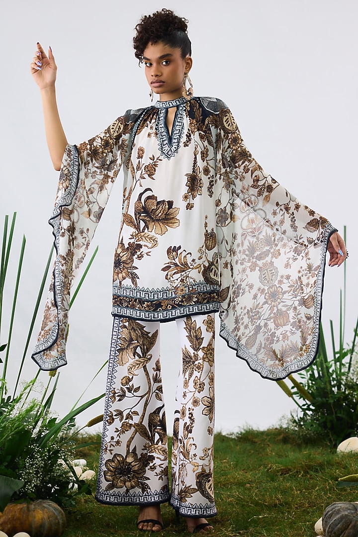 Gold & White Crepe & Chiffon Printed Tunic by Rajdeep Ranawat at Pernia's Pop Up Shop