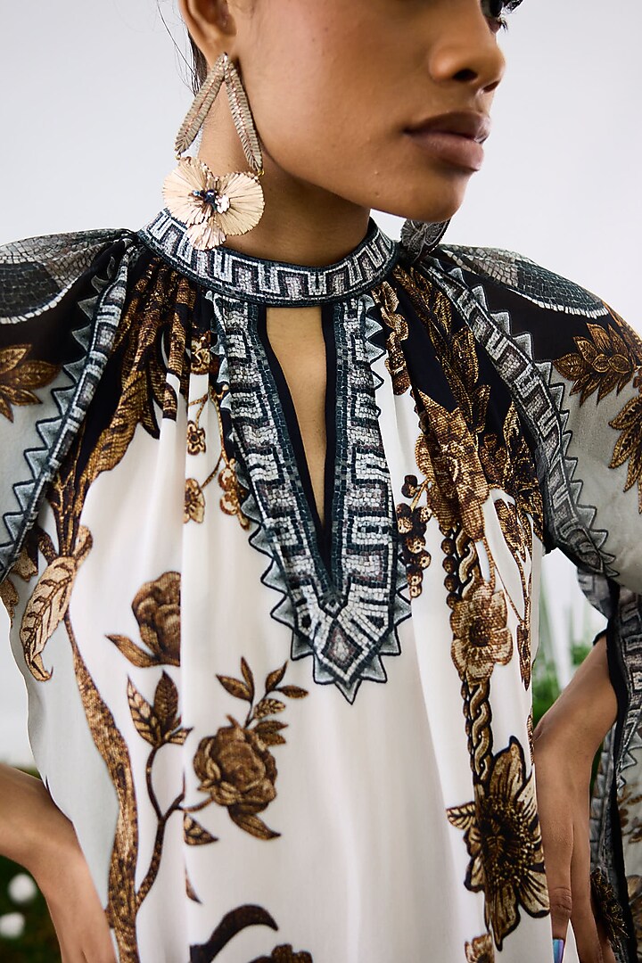 Gold & White Crepe & Chiffon Printed Tunic by Rajdeep Ranawat at Pernia's Pop Up Shop