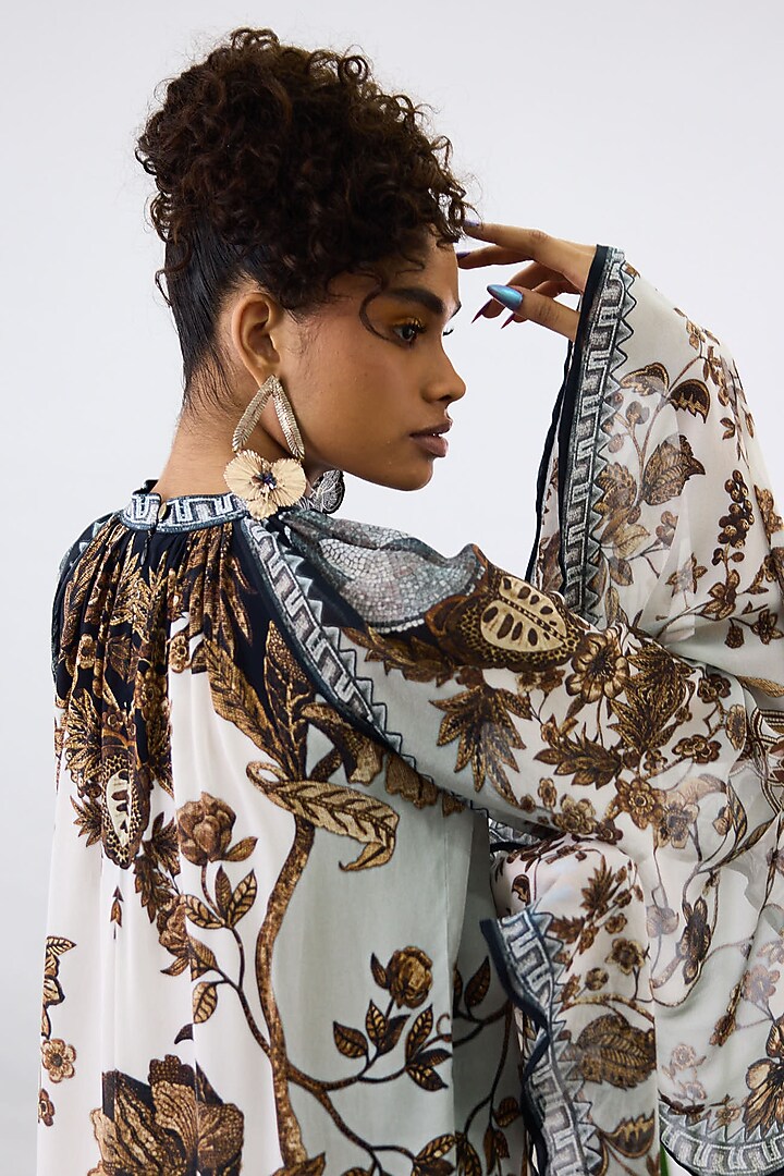 Gold & White Crepe & Chiffon Printed Tunic by Rajdeep Ranawat at Pernia's Pop Up Shop