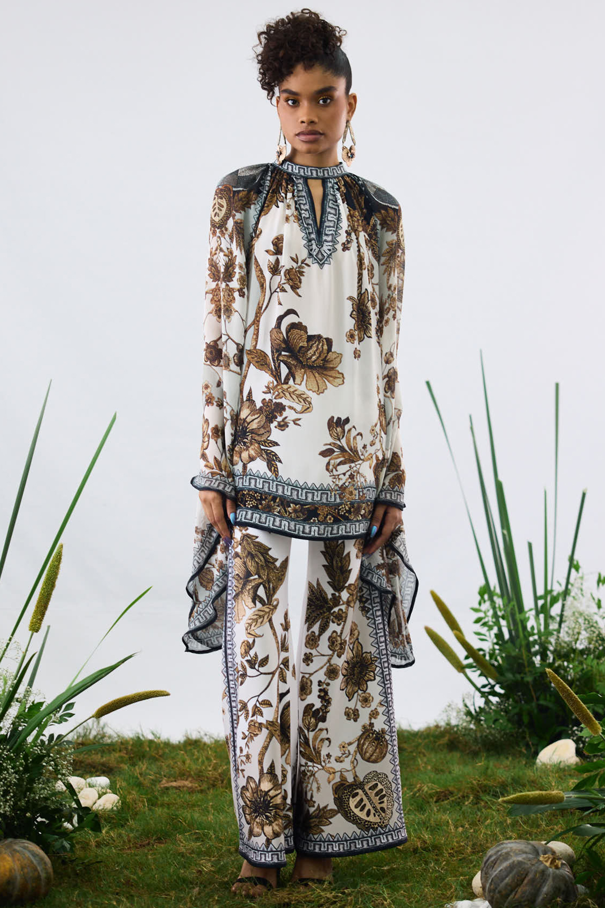 Gold & White Poly Lycra Printed Bell-Bottom Pants by Rajdeep Ranawat at Pernia's Pop Up Shop