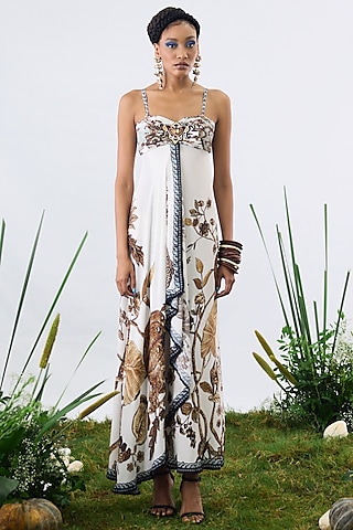 Gold & White Crepe Printed Overlap Off-Shoulder Dress by Rajdeep Ranawat