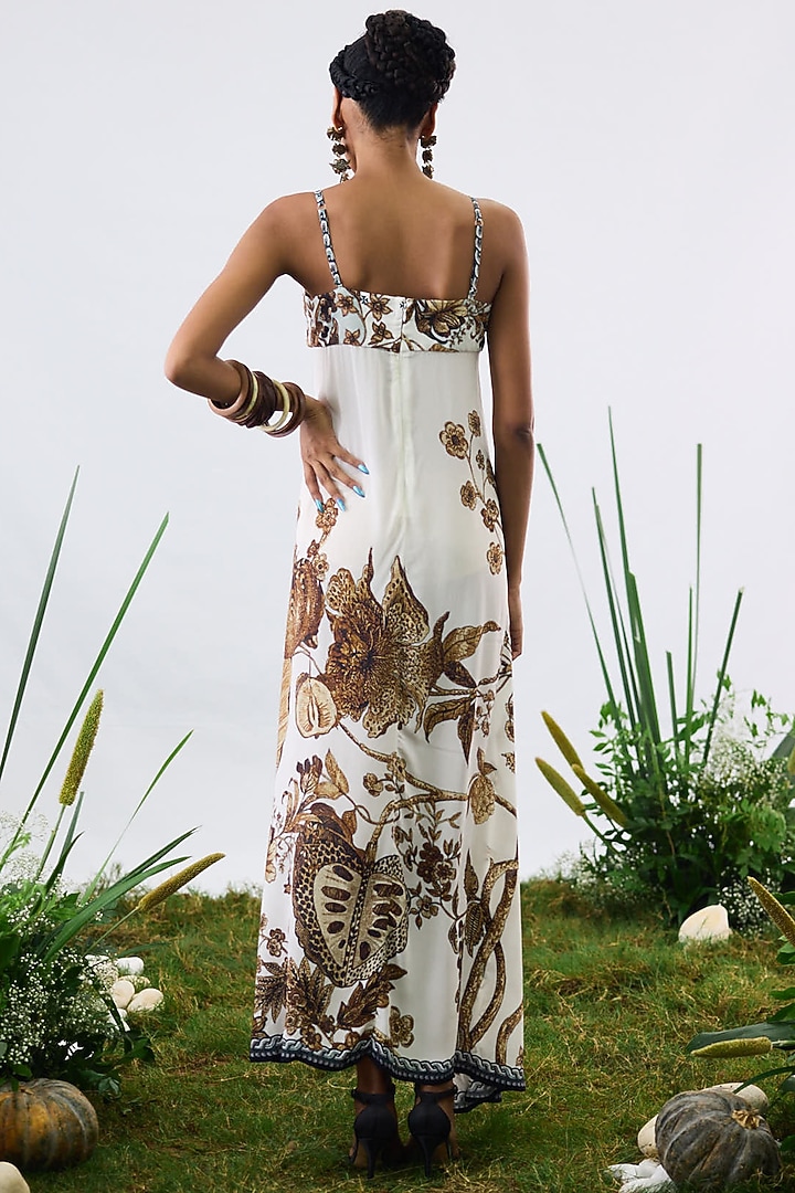 Gold & White Crepe Printed Overlap Off-Shoulder Cocktail Dress by Rajdeep Ranawat at Pernia's Pop Up Shop