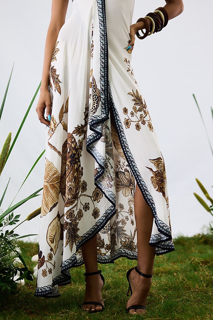 Gold & White Crepe Printed Overlap Off-Shoulder Cocktail Dress by Rajdeep Ranawat at Pernia's Pop Up Shop