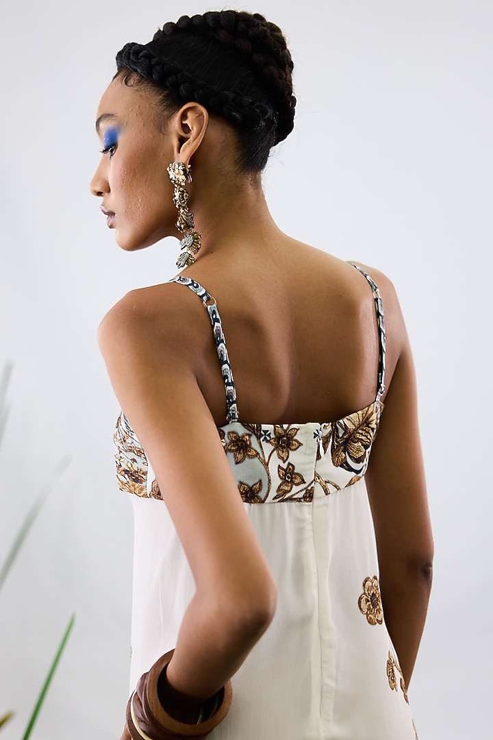 Gold & White Crepe Printed Overlap Off-Shoulder Cocktail Dress by Rajdeep Ranawat at Pernia's Pop Up Shop