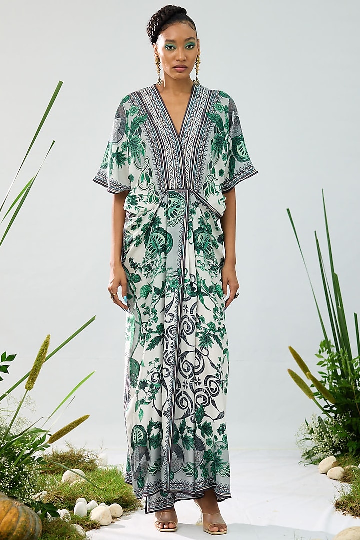 Emerald Green & White Silk Printed Kaftan Cocktail Dress by Rajdeep Ranawat at Pernia's Pop Up Shop