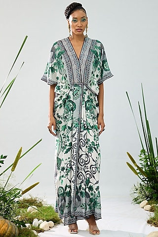 Emerald Green & White Silk Printed Kaftan Dress by Rajdeep Ranawat