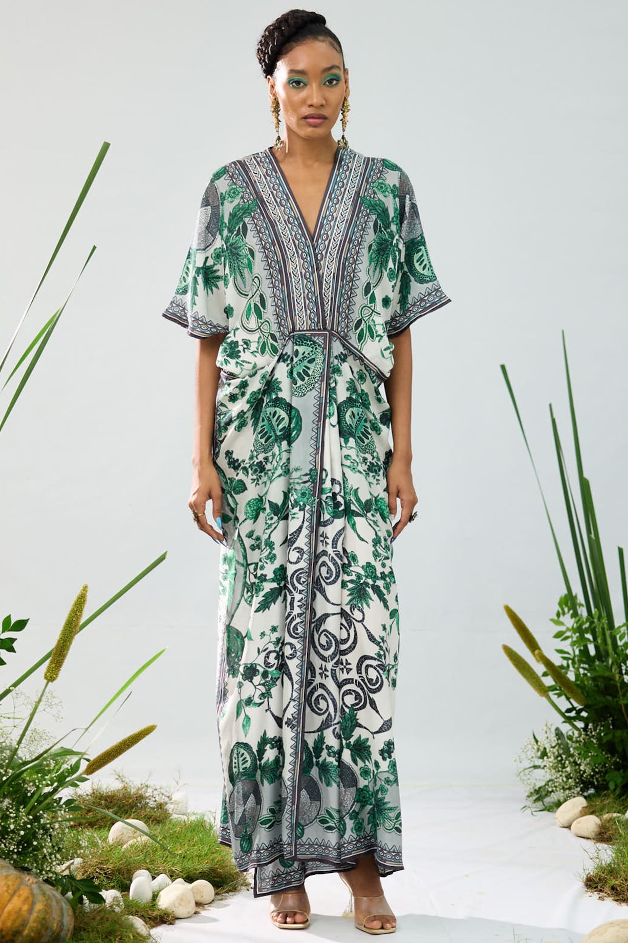 Pernia's Pop Up Shop - Rajdeep Ranawat Women Emerald Green & White Silk Printed Kaftan Dress