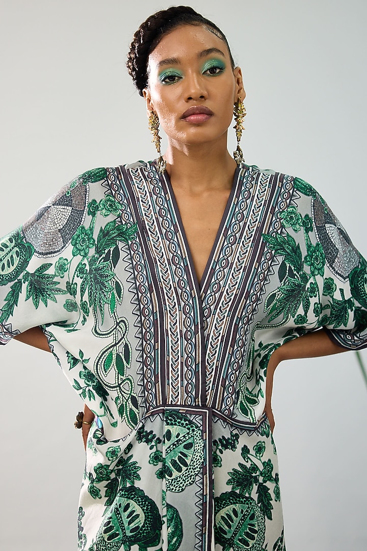 Emerald Green & White Silk Printed Kaftan Cocktail Dress by Rajdeep Ranawat at Pernia's Pop Up Shop