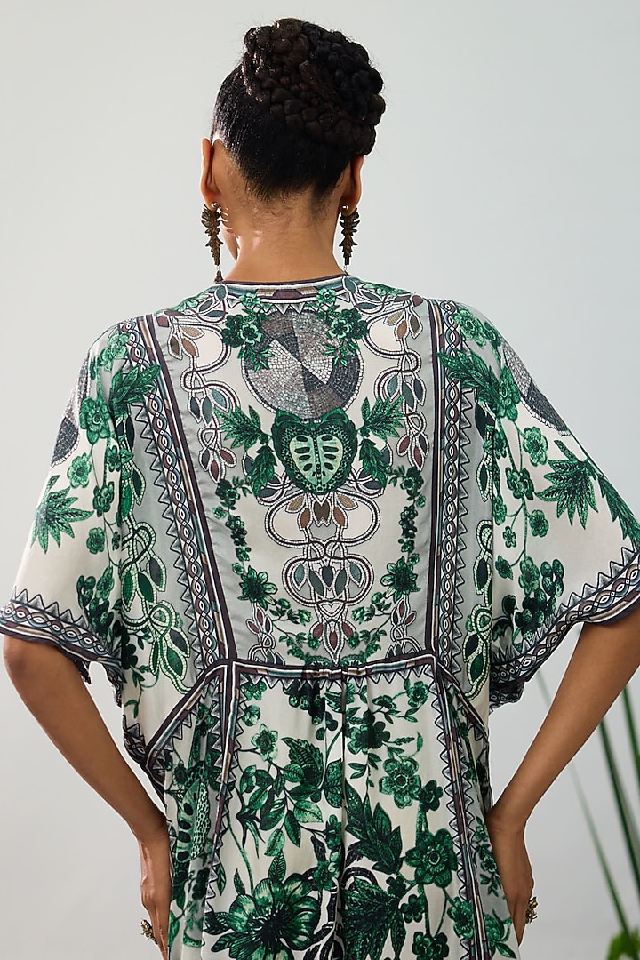 Emerald Green & White Silk Printed Kaftan Cocktail Dress by Rajdeep Ranawat at Pernia's Pop Up Shop