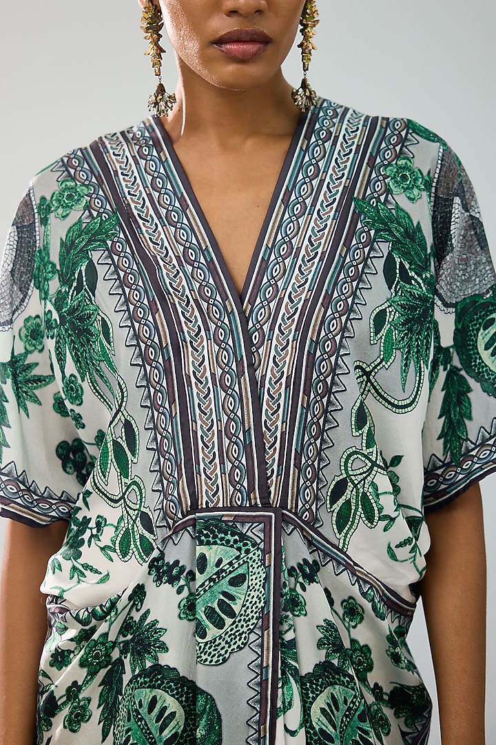 Emerald Green & White Silk Printed Kaftan Cocktail Dress by Rajdeep Ranawat at Pernia's Pop Up Shop