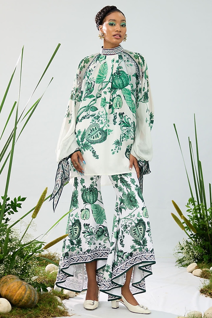 Emerald Green & White Silk & Chiffon Printed Shirt by Rajdeep Ranawat at Pernia's Pop Up Shop
