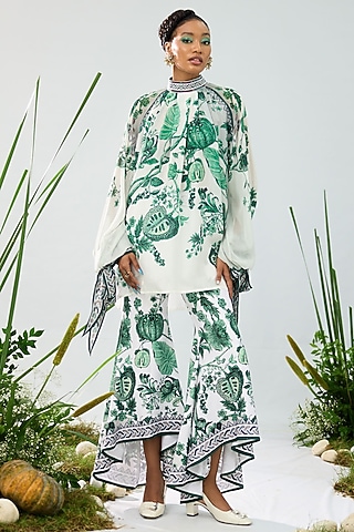 Emerald Green & White Silk & Chiffon Printed Shirt by Rajdeep Ranawat