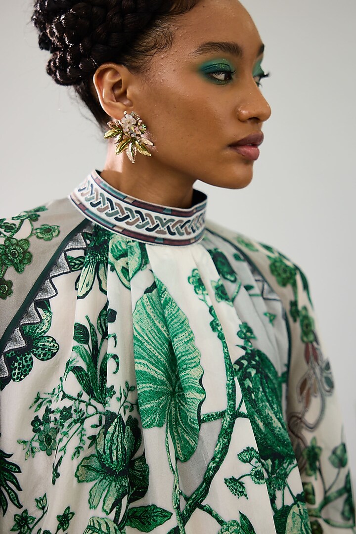 Emerald Green & White Silk & Chiffon Printed Shirt by Rajdeep Ranawat at Pernia's Pop Up Shop