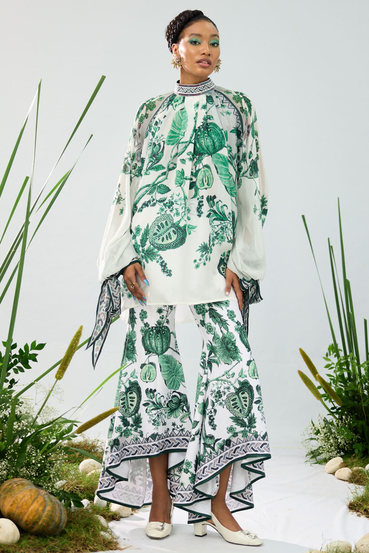 Emerald Green & White Poly Lycra High-Low Pants by Rajdeep Ranawat at Pernia's Pop Up Shop