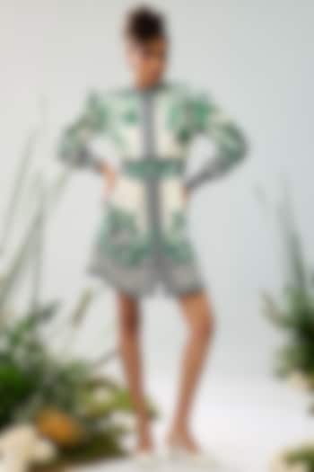 Emerald Green & White Linen Satin Printed Mini Vacation Dress by Rajdeep Ranawat at Pernia's Pop Up Shop