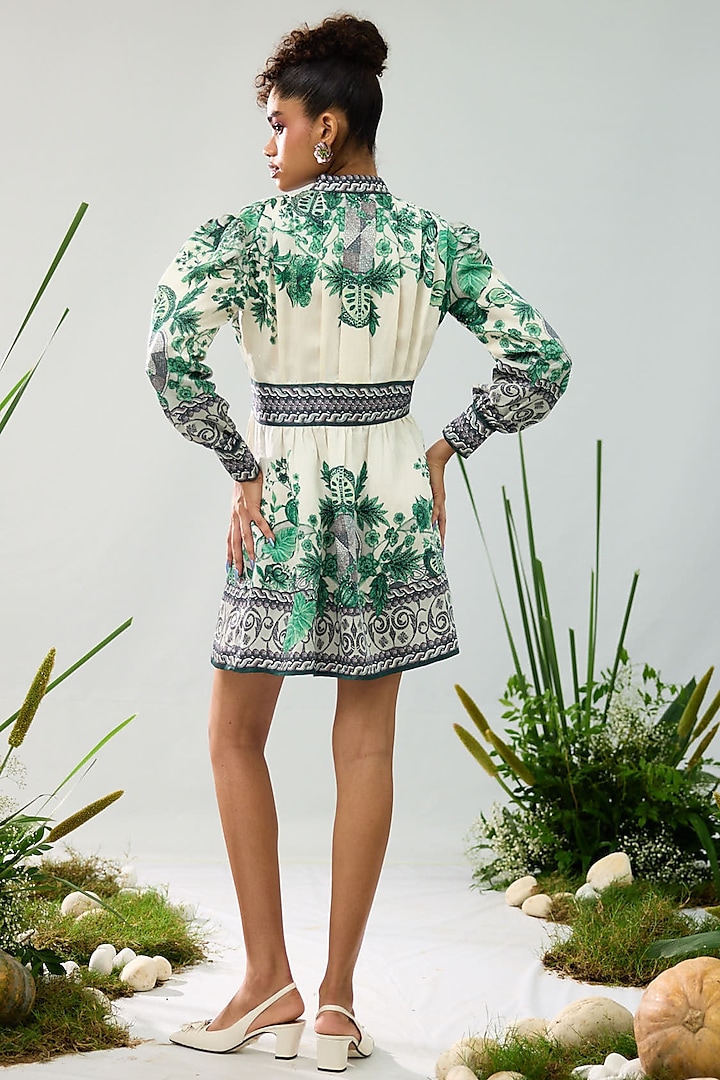 Emerald Green & White Linen Satin Printed Mini Cocktail Dress by Rajdeep Ranawat at Pernia's Pop Up Shop