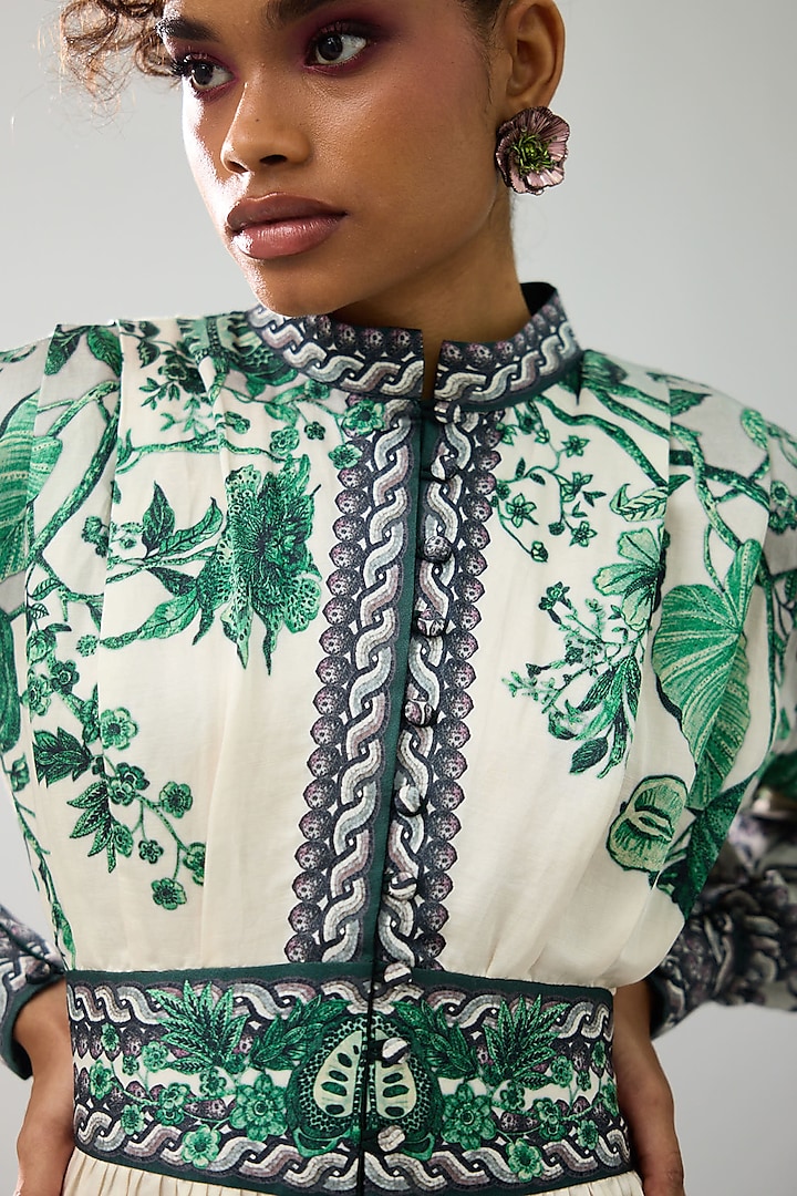 Emerald Green & White Linen Satin Printed Mini Cocktail Dress by Rajdeep Ranawat at Pernia's Pop Up Shop