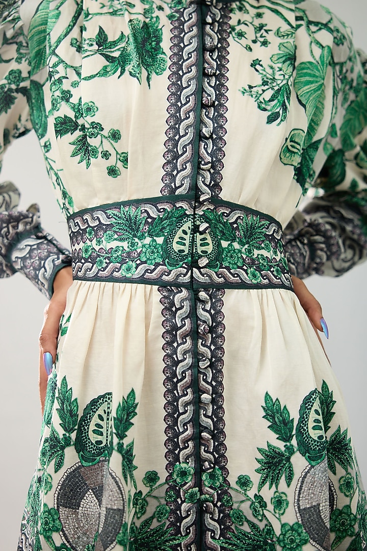 Emerald Green & White Linen Satin Printed Mini Cocktail Dress by Rajdeep Ranawat at Pernia's Pop Up Shop