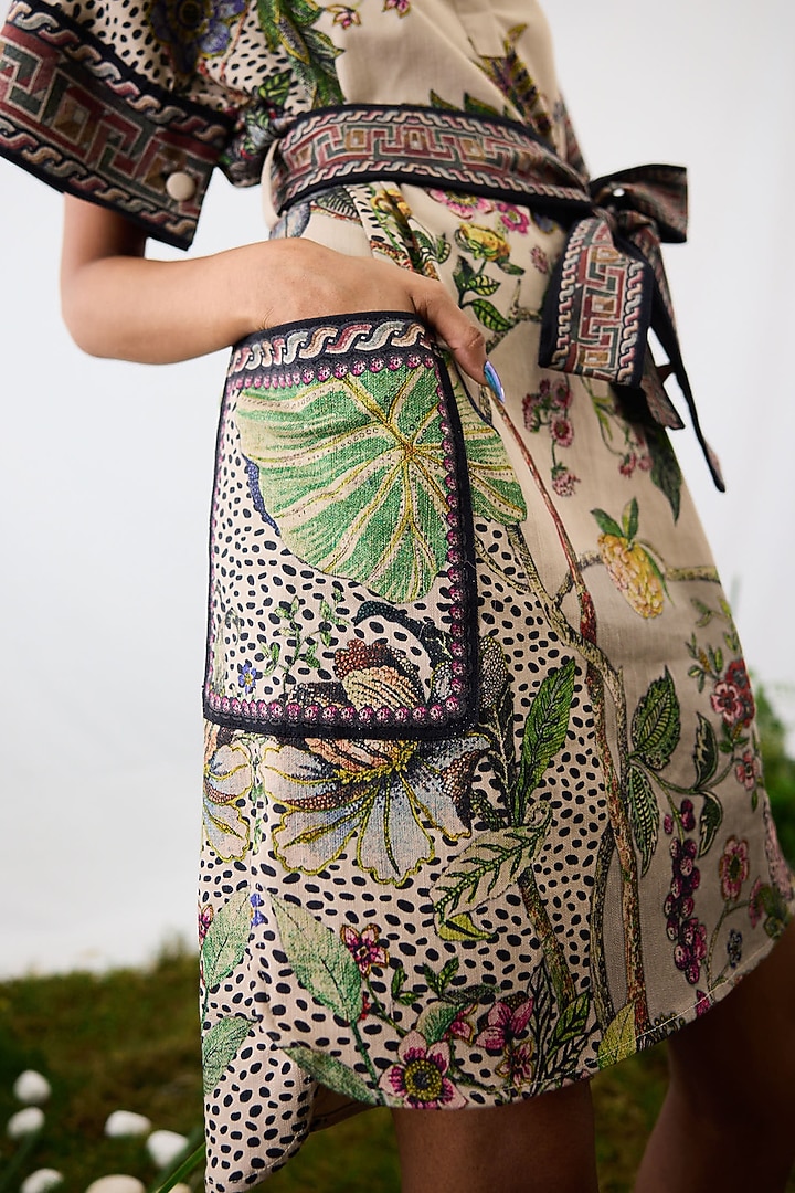 Multi-Colored Cotton Linen Printed Mini Cocktail Dress With Belt by Rajdeep Ranawat at Pernia's Pop Up Shop