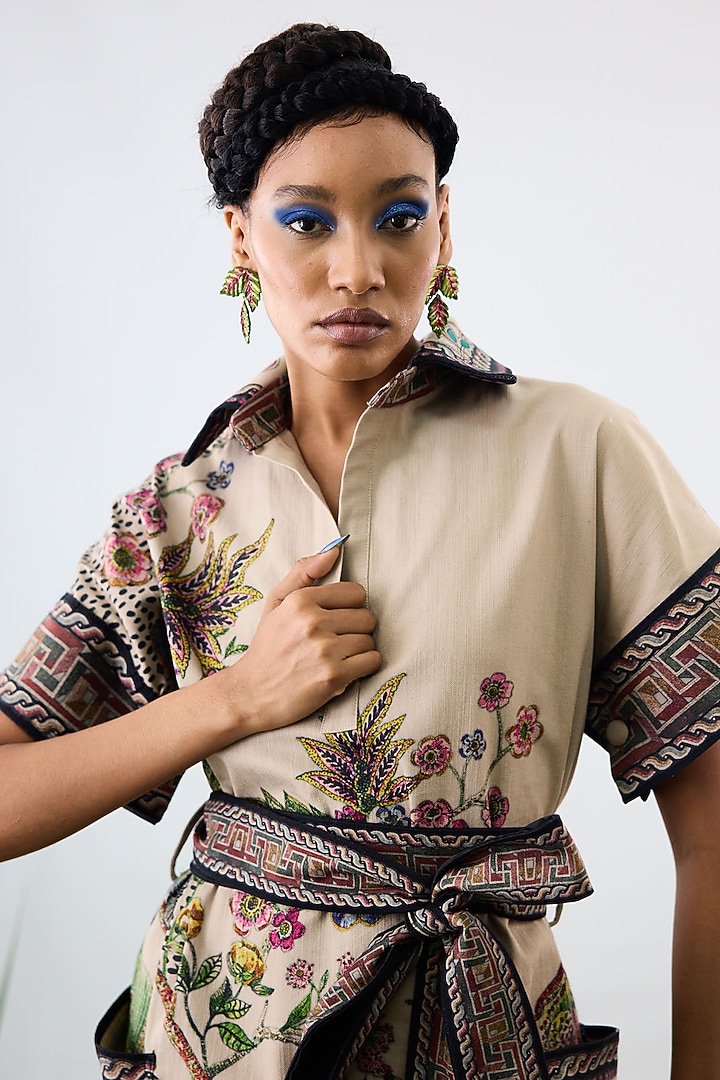Multi-Colored Cotton Linen Printed Mini Cocktail Dress With Belt by Rajdeep Ranawat at Pernia's Pop Up Shop