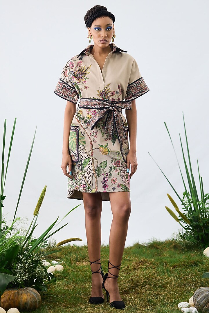 Multi-Colored Cotton Linen Printed Mini Cocktail Dress With Belt by Rajdeep Ranawat at Pernia's Pop Up Shop