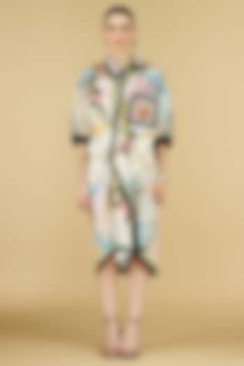 Ivory Cotton Silk Printed Asymmetric Shirt Cocktail Dress by Rajdeep Ranawat at Pernia's Pop Up Shop