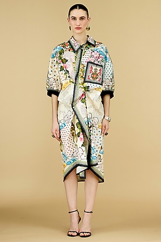 Ivory Cotton Silk Printed Asymmetric Shirt Dress by Rajdeep Ranawat