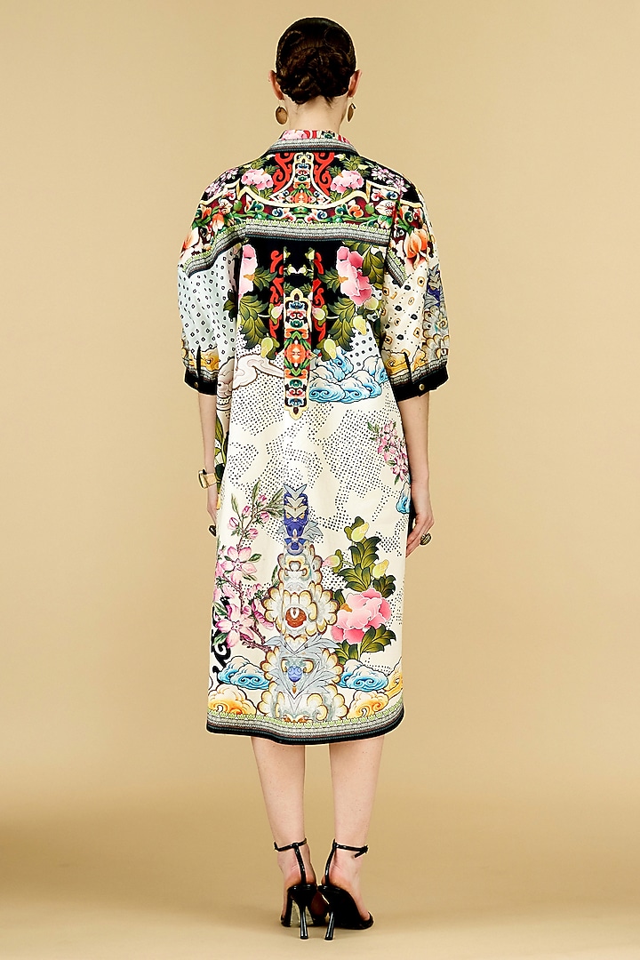 Ivory Cotton Silk Printed Asymmetric Shirt Cocktail Dress by Rajdeep Ranawat at Pernia's Pop Up Shop