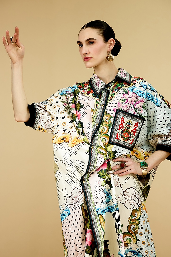 Ivory Cotton Silk Printed Asymmetric Shirt Cocktail Dress by Rajdeep Ranawat at Pernia's Pop Up Shop