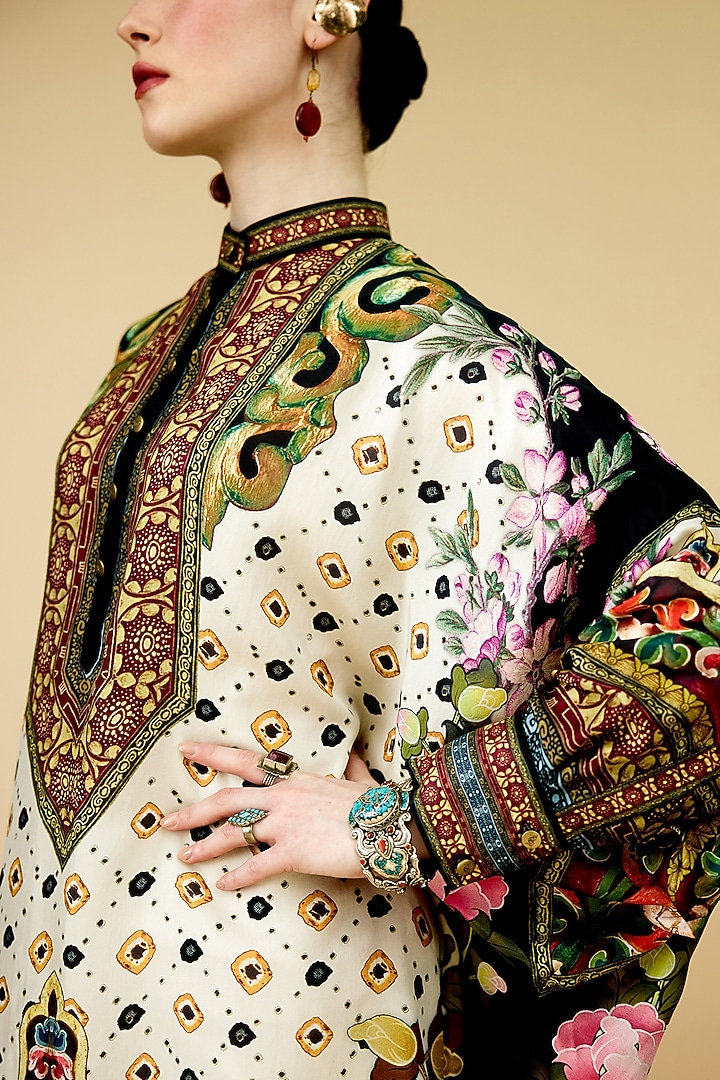 Eggshell-Colored Silk Printed Tunic by Rajdeep Ranawat at Pernia's Pop Up Shop