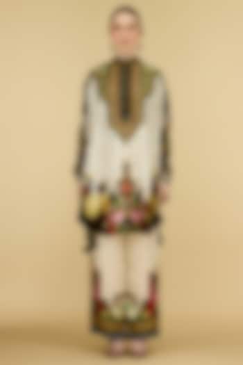 Eggshell-Colored Modal Satin Printed Pants by Rajdeep Ranawat at Pernia's Pop Up Shop