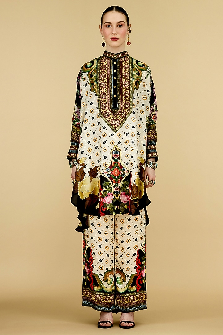 Eggshell-Colored Modal Satin Printed Pants by Rajdeep Ranawat at Pernia's Pop Up Shop