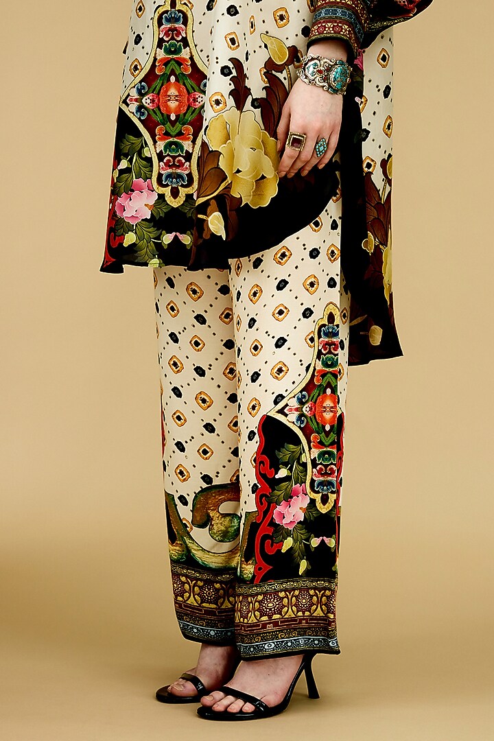 Eggshell-Colored Modal Satin Printed Pants by Rajdeep Ranawat at Pernia's Pop Up Shop