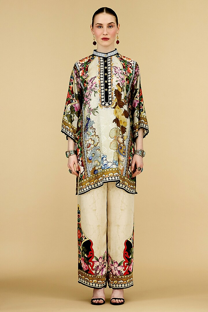 Beige Silk Printed Paneled Tunic by Rajdeep Ranawat at Pernia's Pop Up Shop