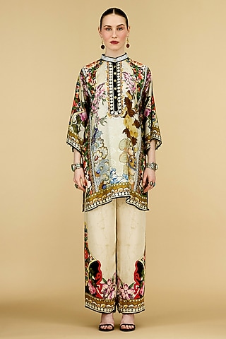 Beige Silk Printed Paneled Tunic by Rajdeep Ranawat