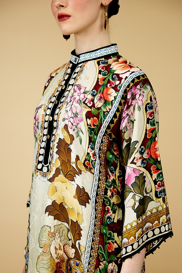 Beige Silk Printed Paneled Tunic by Rajdeep Ranawat at Pernia's Pop Up Shop