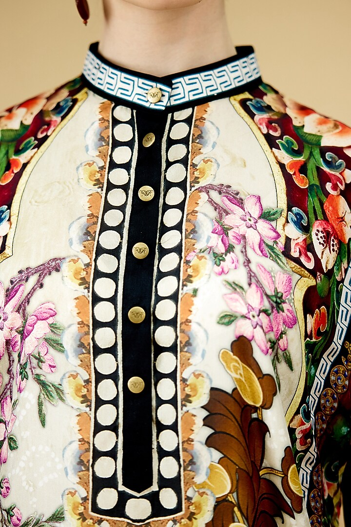 Beige Silk Printed Paneled Tunic by Rajdeep Ranawat at Pernia's Pop Up Shop