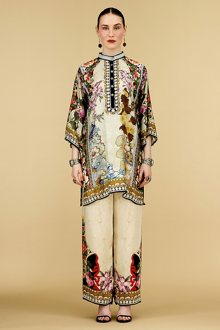 Beige Modal Satin Printed Pants by Rajdeep Ranawat at Pernia's Pop Up Shop