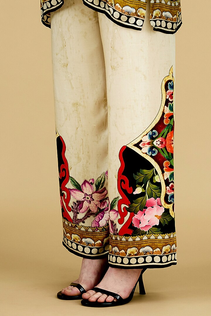 Beige Modal Satin Printed Pants by Rajdeep Ranawat at Pernia's Pop Up Shop