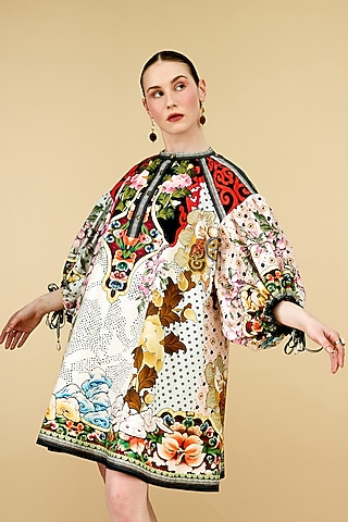 Multi-Colored Cotton Poplin Printed Kaftan Dress by Rajdeep Ranawat