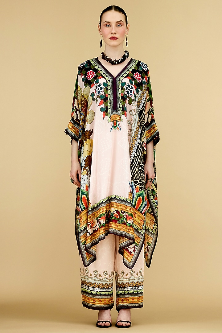 Blush Pink Modal Satin Printed Pants by Rajdeep Ranawat at Pernia's Pop Up Shop