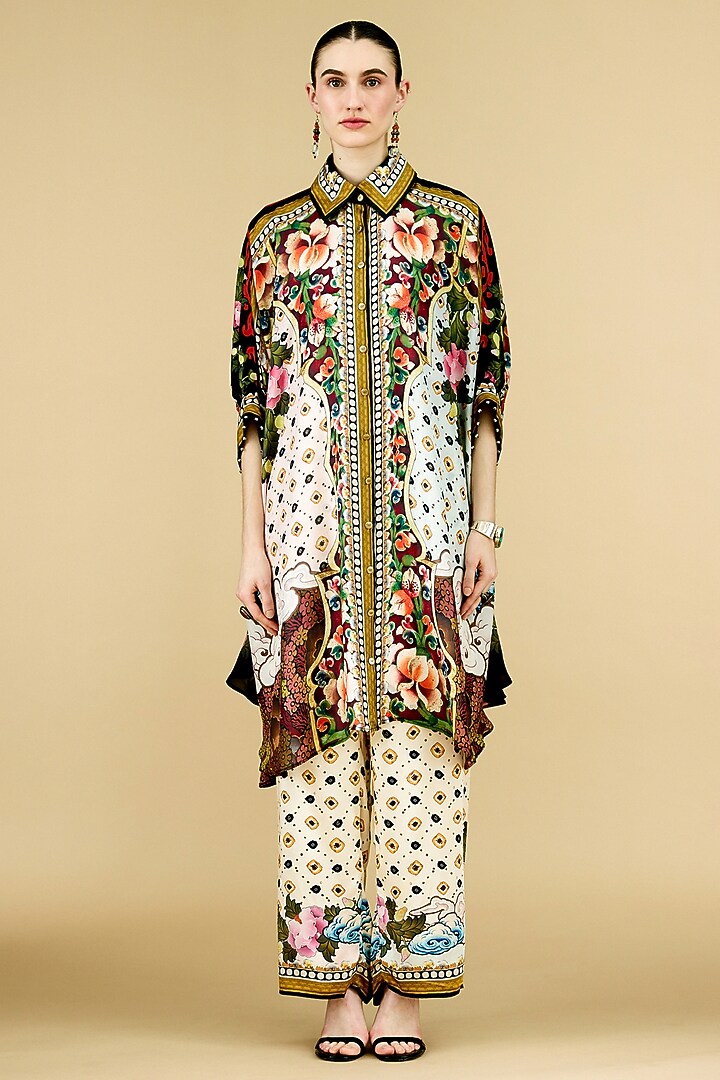 Eggshell-Colored Silk Printed Tunic by Rajdeep Ranawat at Pernia's Pop Up Shop