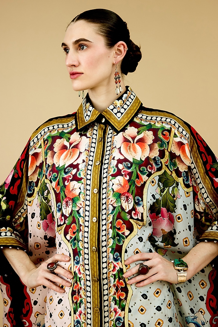 Eggshell-Colored Silk Printed Tunic by Rajdeep Ranawat at Pernia's Pop Up Shop