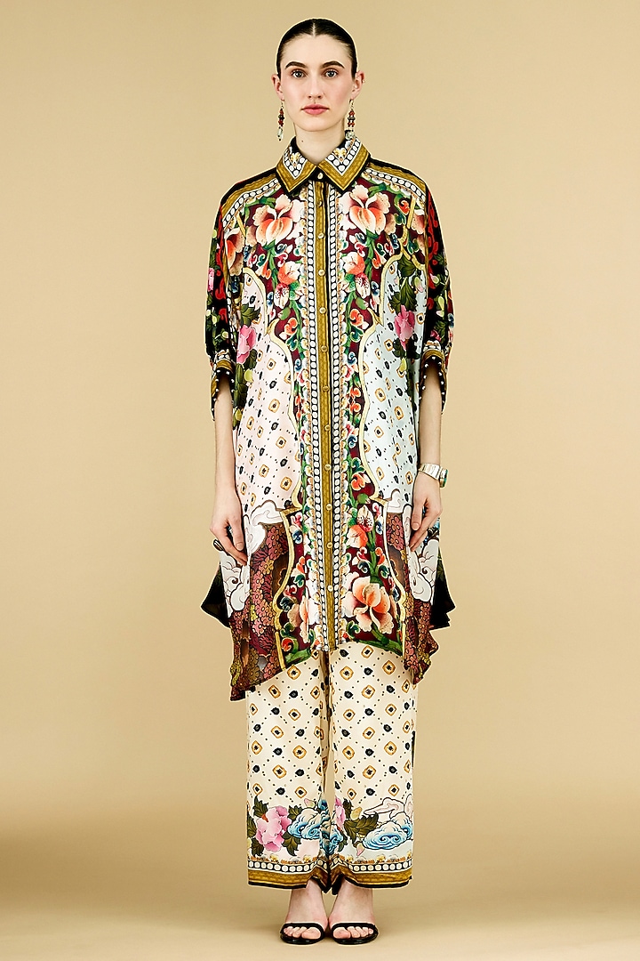 Eggshell-Colored Modal Satin Printed Pants by Rajdeep Ranawat at Pernia's Pop Up Shop