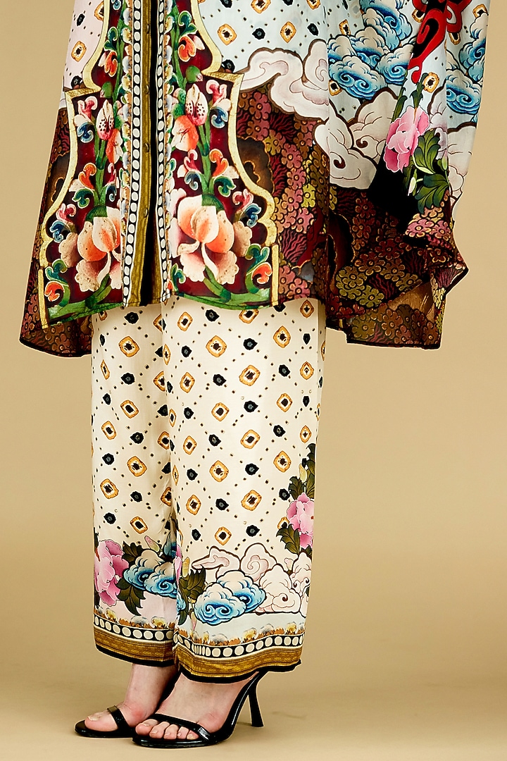 Eggshell-Colored Modal Satin Printed Pants by Rajdeep Ranawat at Pernia's Pop Up Shop