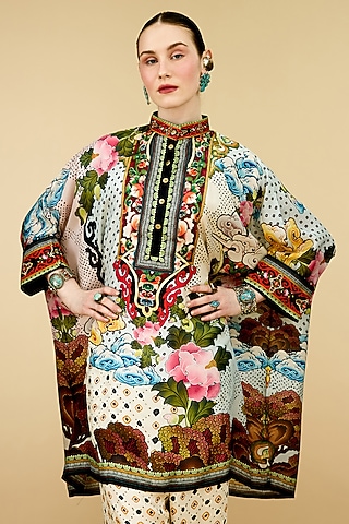Beige Silk Printed Tunic by Rajdeep Ranawat
