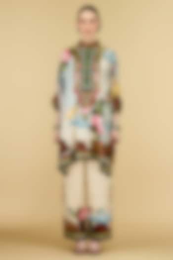 Beige Modal Satin Printed Pants by Rajdeep Ranawat at Pernia's Pop Up Shop