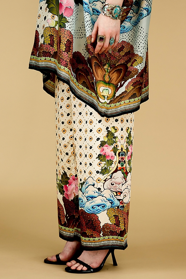 Beige Modal Satin Printed Pants by Rajdeep Ranawat at Pernia's Pop Up Shop