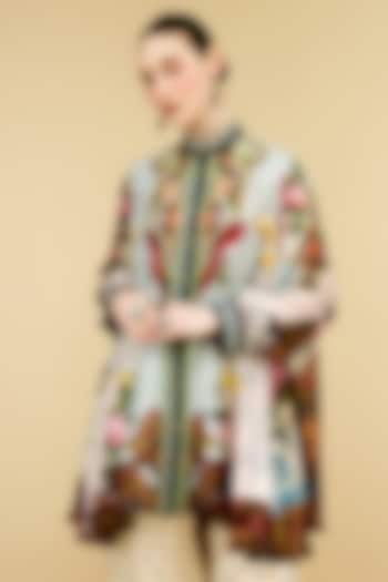 Powder Blue & Beige Silk Printed Tunic by Rajdeep Ranawat at Pernia's Pop Up Shop